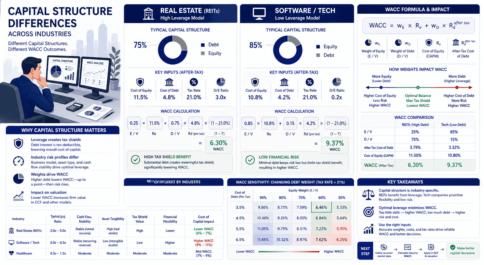 A dense but clean B2B financial infographic showing capital structure differences across industries.
